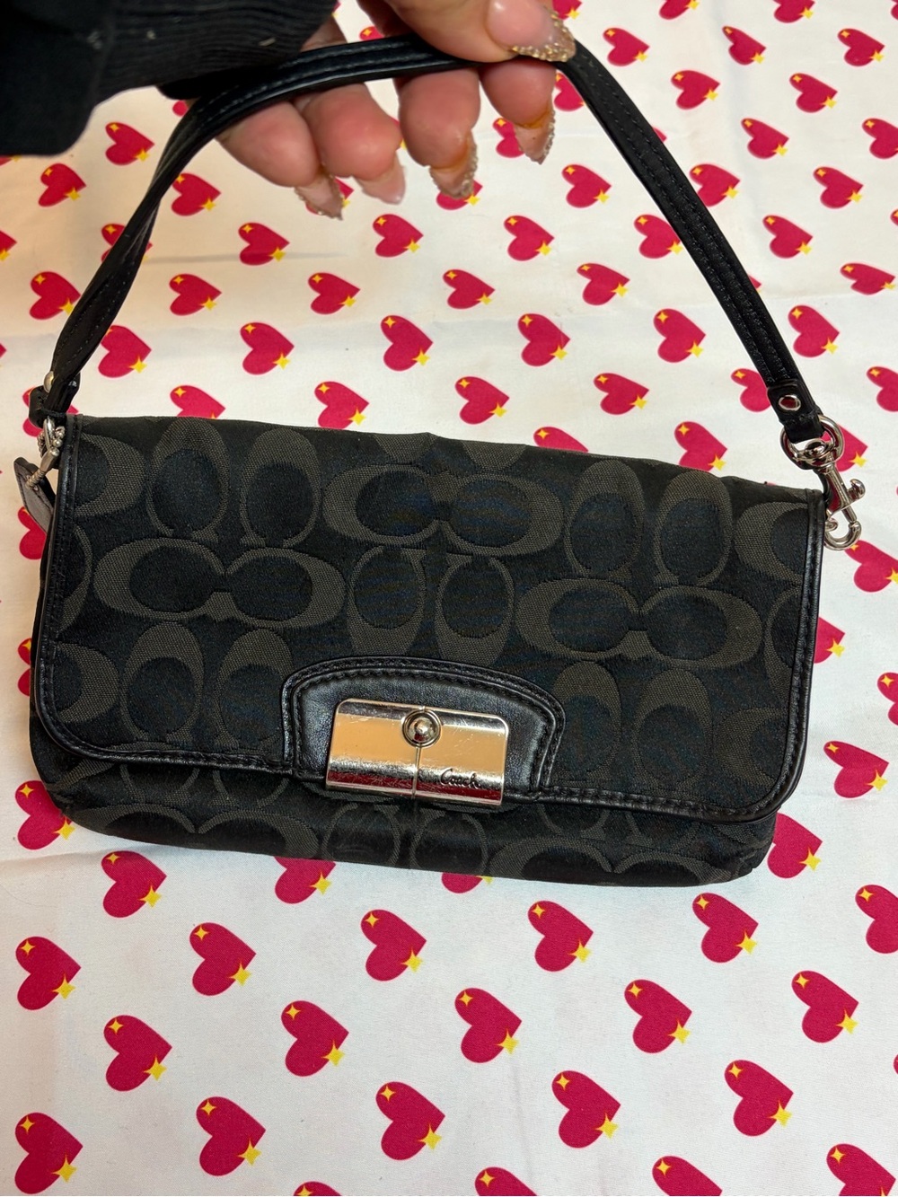 Coach Kristen Black Signature Canvas Shoulder mini baguette Silver Hardware - Picture 4 of 4